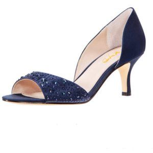 XYD Navy Satin Peep Toe Rhinestones Crystals D'Orsay Kitten Heel Sandals